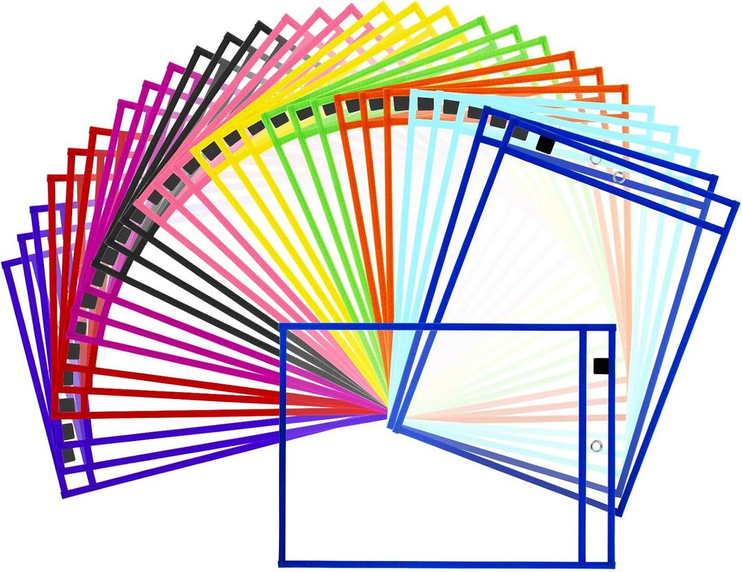 50 Packs Dry Erase Pocket Sleeves, Reusable Clear Plastic Classroom Sleeves, 10x14 Inch Ticket Holders, for School/Office Organization