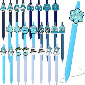 Feifeiya 24 Pcs Winter Pens Bulk 0.7mm Snowflakes Snowman Penguin Cute Cartoon Writing Black Ink Retractable Ballpoint Pens for School Office Supplies Holiday Party Gifts
