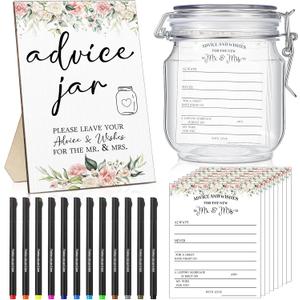 Sintuff 114 Pieces Floral Theme Bridal Shower Party Decor for Guest Include Advice and Wishes for The Mr and Mrs Wedding Advice Sign with Holder 100 Cards 12 Pens 1 Wishes Jar