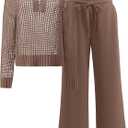 ANRABESS Womens 2 Piece Outfits 2026 Fall Crochet Knit Half Zip Sweater Top Wide Leg Pant Travel Matching Sets Lounge Clothes (Medium, Brown)