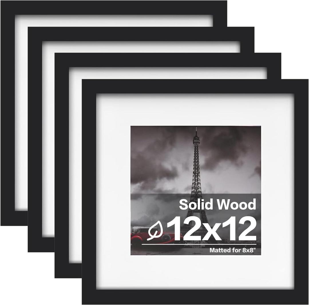 Egofine 12x12 Frame, Made of Solid Wood with HD Plexiglass for Pictures 8x8 with Mat or 12x12 without Mat, Wall Mounting Display, Set of 4, Black