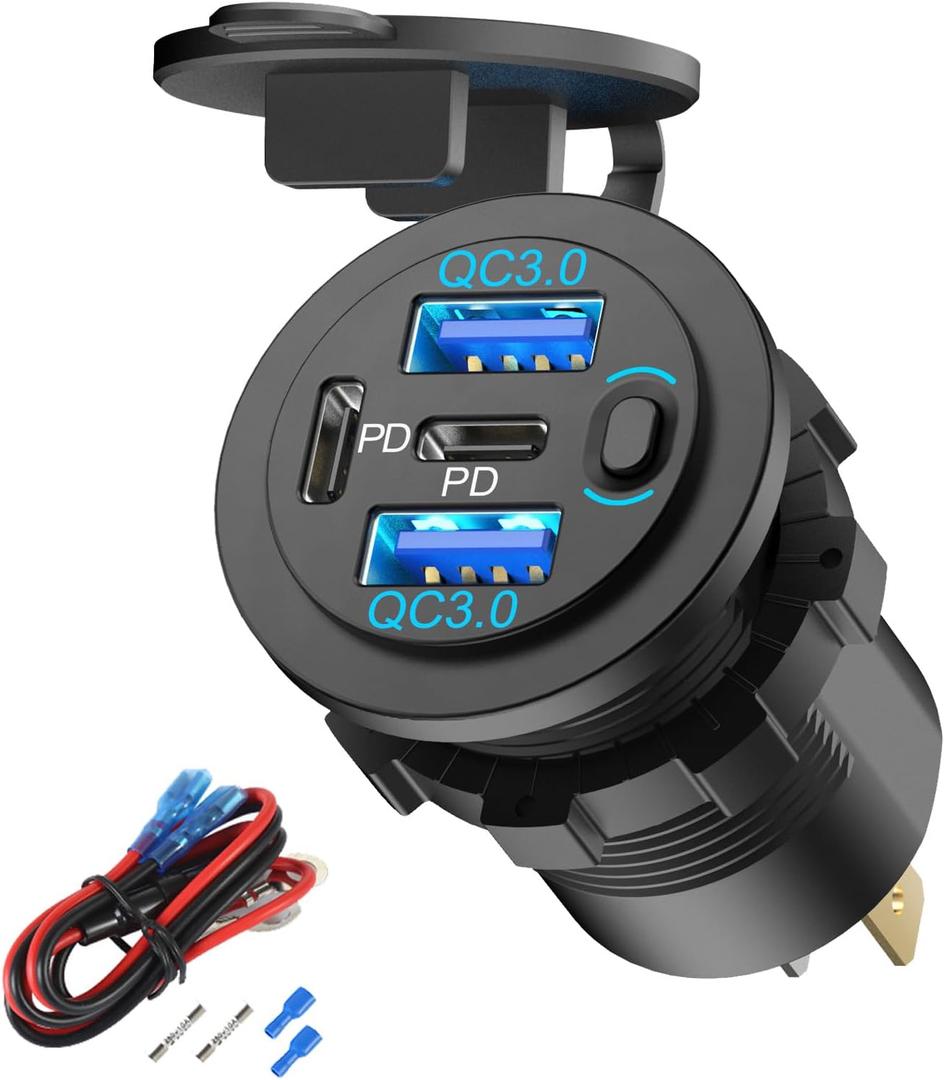 78W 4 Port 12V USB Outlet Car Charger, Super Fast Dual PD3.0 & QC3.0 Multiple USB Port for Car, USB C Cigarette Lighter Replacement 12 Volt Socket Waterproof for Marine Boat Motorcycle RV Golf Cart