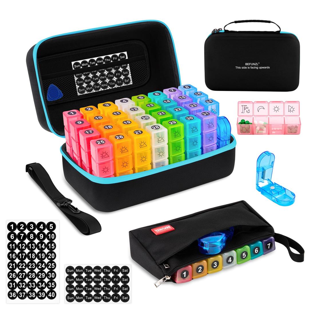 BEFUNZL Monthly Pill Organizer, Medicine Organizer Box with Portable Hard Shell and Pill Cutter, 31 Day Pill Holder with Weekly Pill Bag (Blue, 4 Times a Day)