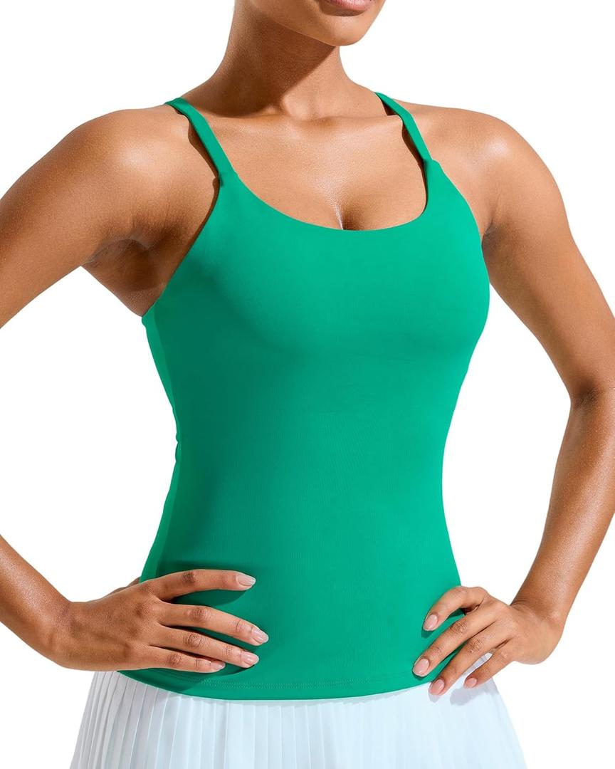 RUNNING GIRL Yoga Tank Tops for Women Built in Shelf Bra B/C Cups Strappy Back Activewear Workout Compression Tops (Green, L)