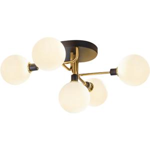 BOKT Mid Century Modern 5 Lights Milk Glass Globe Ceiling Light Black and Brass Semi Flush Mount Bathroom Sputnik Ceiling Light Fixture Vintage Close to Ceiling Dining Room Hallway Lighting (Gold+White)