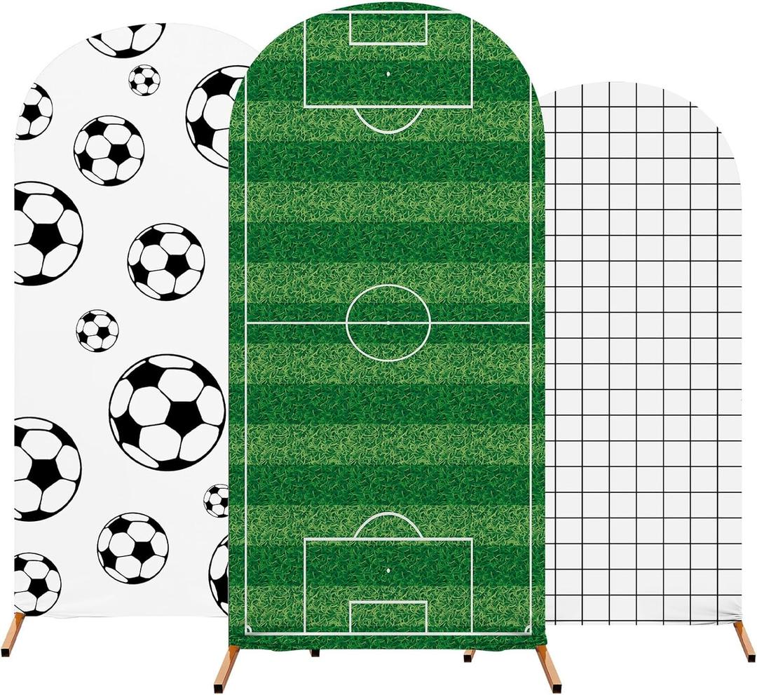 3 Pcs Soccer Theme Arch Stand Cover Spandex Fitted Round Top Arch Backdrop Soccer Theme Birthday Party Decor for Wedding Birthday Party Anniversary 4ft 5ft 6ft (White,Football Pattern)