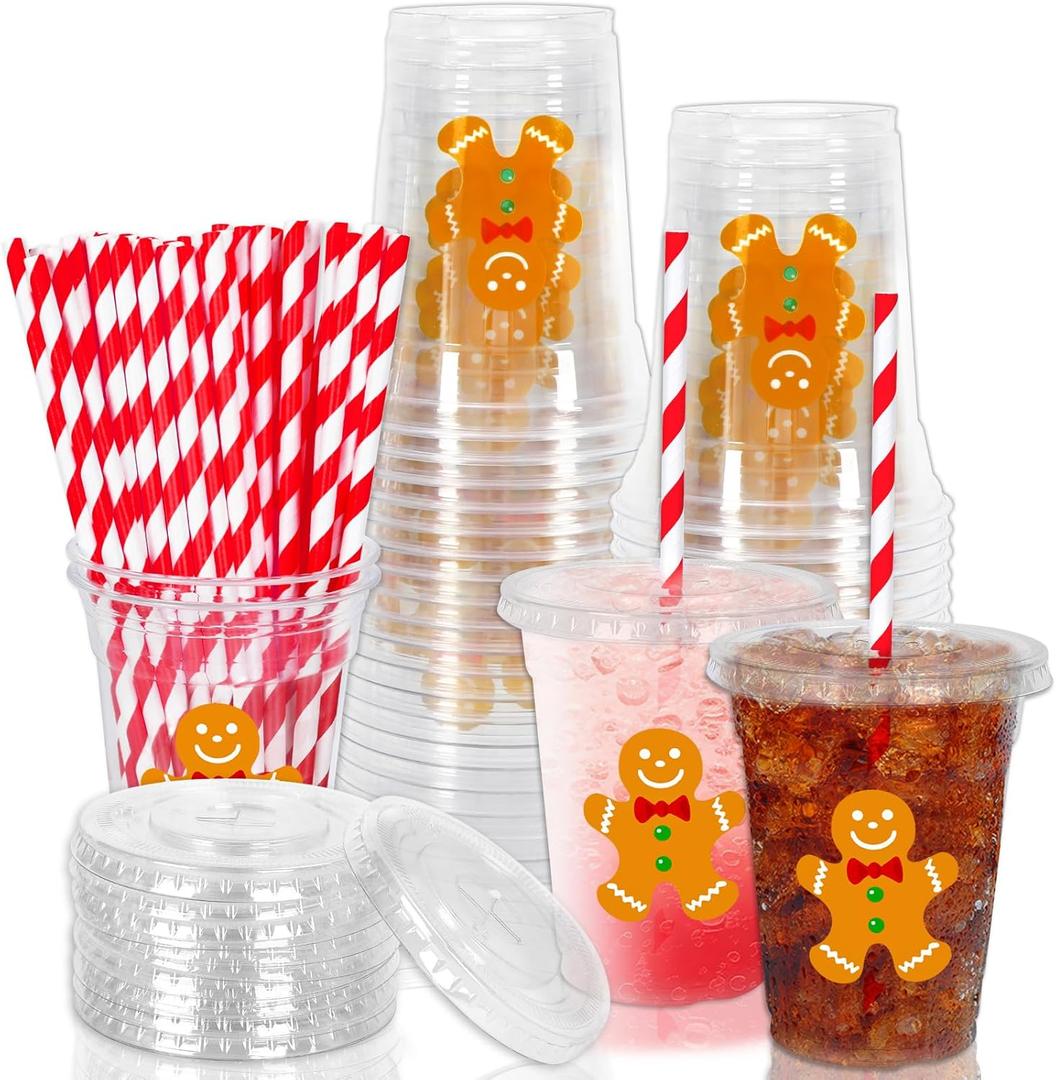 Whaline 50Pcs Christmas Disposable Plastic Cups with Lids and Straws 12oz Party Cups Gingerbread Man Cold Beverage Drinking Cups for Xmas Holiday Party Supplies