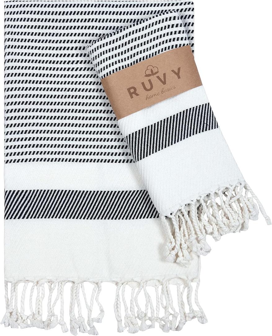 Ruvy Home Basics Turkish Hand Towels for Bathroom Set of 2 | 18"x40", Cotton | Decorative Towel for Bathroom, Kitchen, Dishcloth, Tea, Yoga, Face, Gym - Black (Modern - 2 Pack)