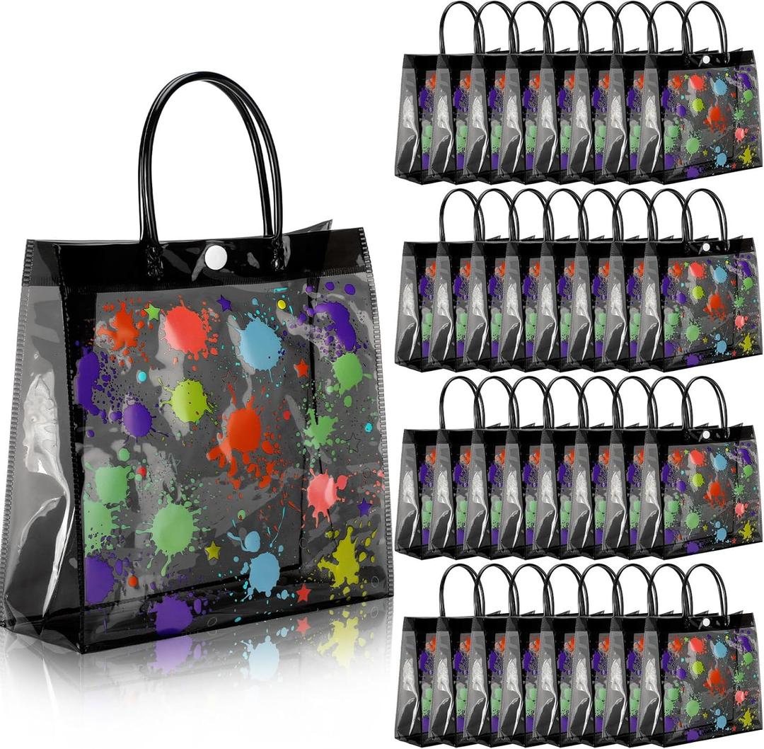 Abbylike 24 Pack Glow in the Dark Gift Bags with Handle Plastic Neon Clear Color Mix Gift Bags Reusable PVC for Glow in the Dark Party Favor Birthday Game Decoration 7.8 x 7.8 x 3.1 Inch