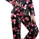 Verdusa Women's Silk Pajamas 2 Piece Satin Cute Bow Long Sleeve Button Down Shirt and Pants Lounge Set XL