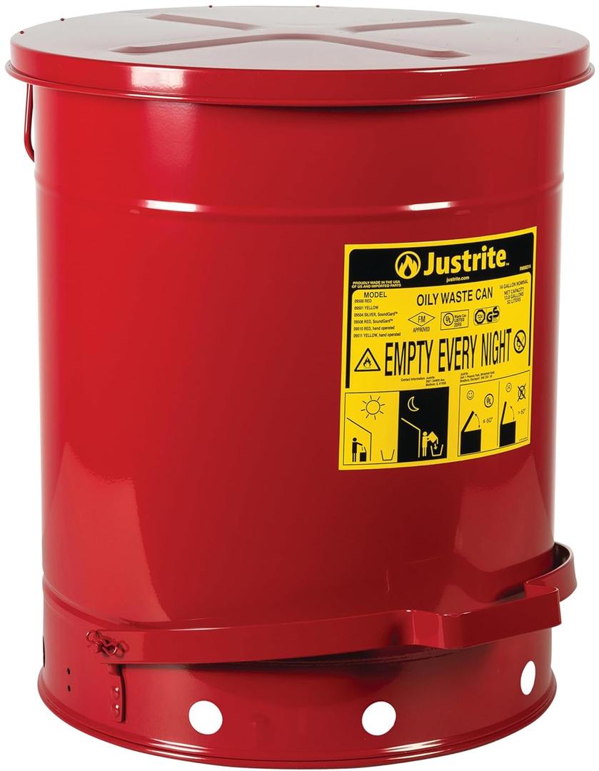 Justrite 14 Gallon Galvanized Steel Oily Waste Can, 20" x 16" Metal Oil Rag Safety Can with Foot Operated Self-Closing Lid for Oil Rag Disposal, Made in The USA, Red, 09500