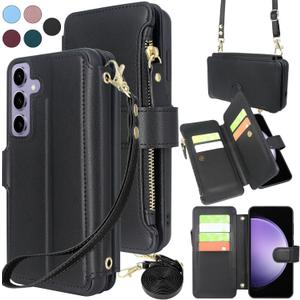 Harryshell Crossbody for Samsung Galaxy S23 FE 5G Case Wallet [8 Card Slots] with [Theft-Scan Blocking],Cash Coin Zipper Pocket Long Shoulder & Wrist Strap for S23Fe (Black)