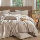 MooMee Wavy Striped Duvet Cover Set 100% Washed Cotton Linen Like Textured Breathable Durable Soft Comfy (Beige, Queen 90"x90")