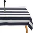 Navy Blue Strips Print Outdoor Tablecloth with Umbrella Hole for Rectangle Table, Waterproof Navy Blue Patio Table Cloth with Zipper - 60 x 84 inches