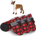 SCENEREAL Fleece Dog Shoes for Small Medium Dogs Christmas, Anti-Slip Sole Puppy Boots & Paw Protectors with Reflective Straps Red Plaid Warm Soft Outdoor Walking Indoor Hardfloors, Size 5