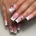 Cherry Press on Nails Medium Square Fake Nails French Tip Glue on Nails with 3D Cherry Charm Rhinestones Design Glossy White Tips Acrylic False Nails Cute Nude Pink Stick on Nails for Women Girls Set of 6