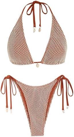 ZAFUL Women's Triangle Bikini Multiway Fishnet Tie Side Bandeau Halter String Bikini Set Two Piece Swimsuit Bathing Suits, Size: S