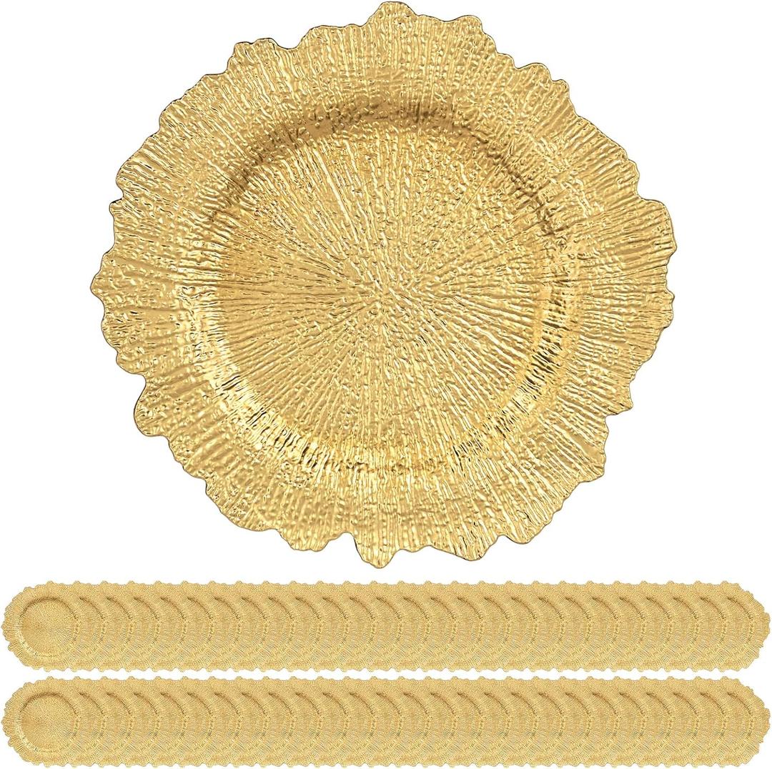 50 Pack Gold Charger Plates Bulk, 13" Plastic Reef Chargers for Dinner Plates, Round Charger Plate with Floral Reef Design for Dinner Wedding Party Table Setting Decoration