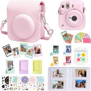 CAIYOULE Accessories for Fujifilm Instax Mini 12 Instant Camera, Accessory Bundle Include PU Leather 12 Case, Mini Picture Album, Frames, DIY Stickers, Color Filter (No Camera) - Blossom Pink
