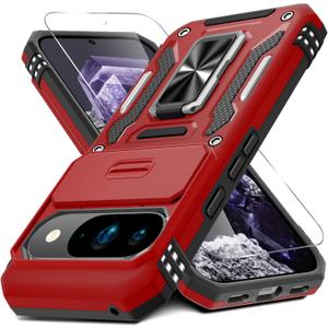 DEERLAMN Case for Google Pixel 10/10 Pro with Slide Camera Cover+Screen Protector(1 Pack), Rotated Ring Kickstand Military Grade Shockproof Protective Cover-Red