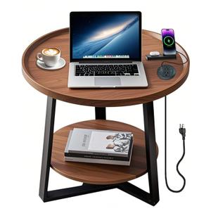Round End Table with Charging Station, 23.6" Dia x 23.6" H, 2-Tier Walnut Coffee Table with Storage Shelf, Side Table with USB Ports,Tybe-c and Outlets, for Living Room, Bedroom, Sofa, Office, Patio