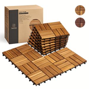 Set 10 Premium Deck Tiles, Interlocking Deck Tile, Wooden Patio Flooring Outdoor Waterproof, Acacia Wood Decking All Weather for Balcony Indoor and Outdoor Use (Golden Teak, Round Joints) (10 Pcs - 10 Square Ft)
