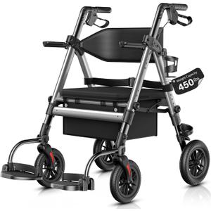 Walkers for Seniors 2 in 1 Wheelchair Combo, 450 lb Foldable Rollator Transport Chair with Seat, Heavy Duty Rolling Walker 10" Wheels for All Terrain, Grey