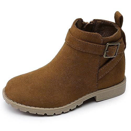 HOMEHOT Girls Ankle Boots Suede Leather Side Zipper Low Heels (toddler/littile kids) color Camel Brown size 11