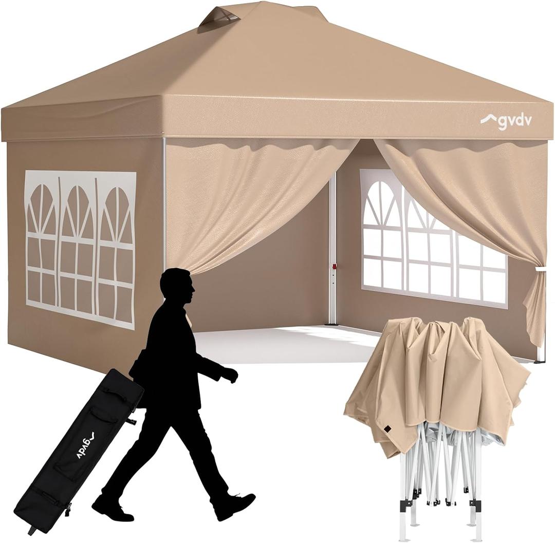 GVDV 10x10 Pop Up Canopy Tent with 4 Sidewalls, Beach Tent with One Push Setup, Outdoor Sun Shade for Events, Parties, Camping - Gazebo with Wheelbag, Khaki, CP23 B