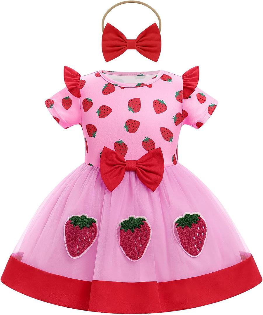 ODASDO Baby Girls Strawberry Bee Cow Birthday Cake Smash Outfit Short Sleeve Dress with Bowknot Headband Set