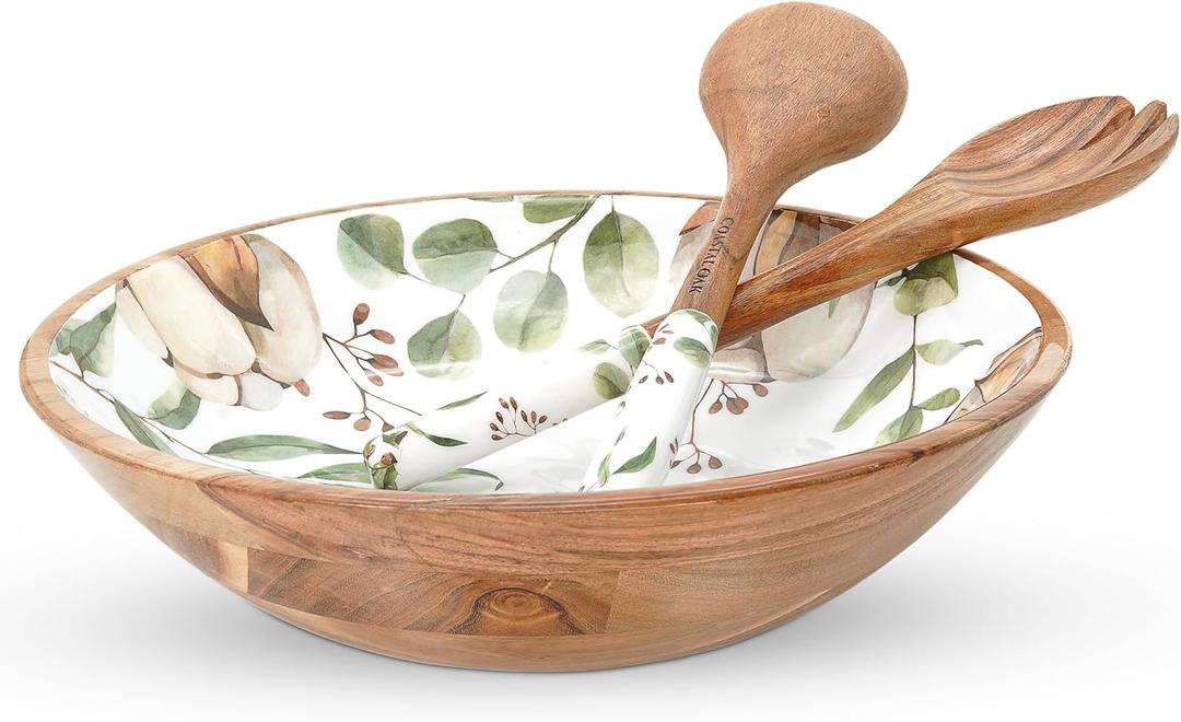 Large Wooden Salad Bowl Set - Premium 13-inch Acacia Wood Salad Bowl with Servers - Decorative Wooden Bowl with Fork and Spoon - Fruit Bowl - Serving Bowls for Entertaining (Eucalyptus Bliss)