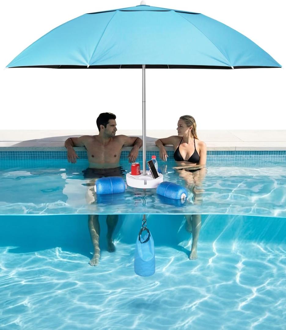 Floating Pool Umbrella 6.6ft - Portable UV Sun Shade Canopy with 3 Drink Holders, Stability Anchor Bag & Secure Floating Design - In-Water Use for Swimming Pools, Lakes, Beach and Outdoor Leisure