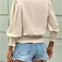 SOLY HUX Women's Casual Blouse Crew Neck Lantern 3/4 Sleeve Shirred Dressy Shirt Tops (S)