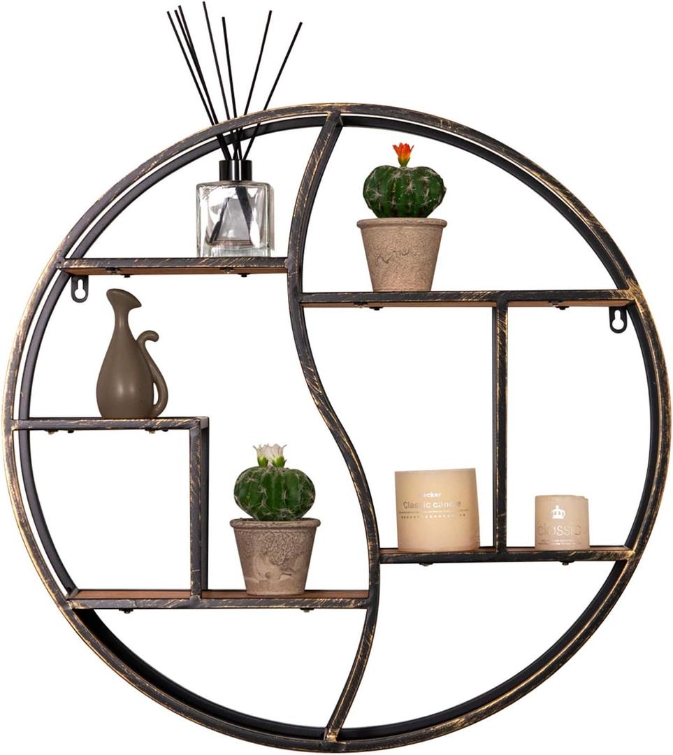 Round Wall Shelf,24 inch Metal Circle Shelf Wood Floating Shelves,Rustic Retro Wall Mounted Display Organizer Shelf for Fireplace,Living Room,Bathroom, Large