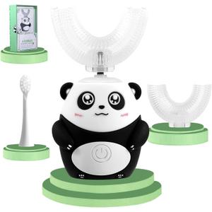 Kids U Shaped Electric Toothbrush for Age 2-12, Rechargeable Toddler Toothbrush with Smart Timer & 3 Clean Modes, Panda Design, IPX7 Waterproof, 3 Brush Heads & 360Cleaning (Black)