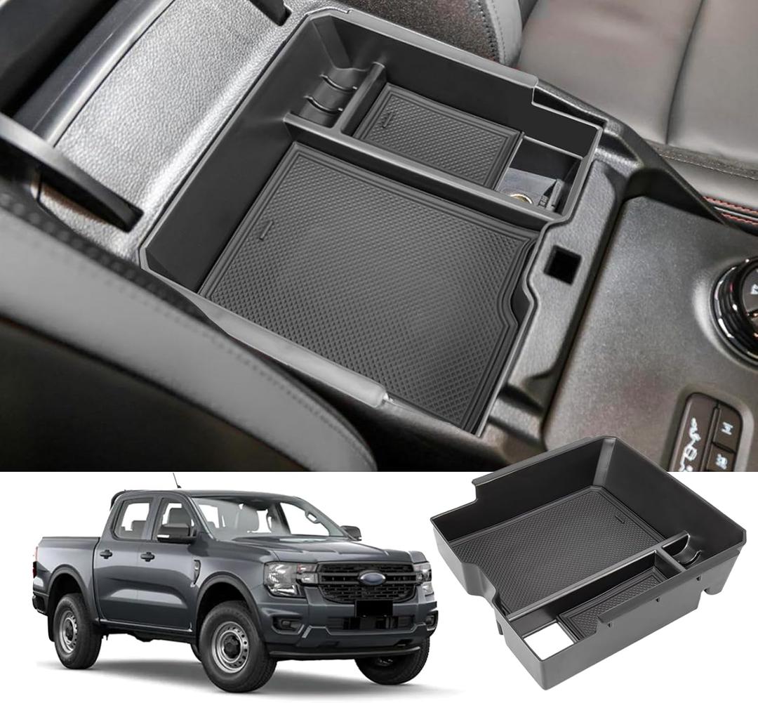 Center Console Organizer Tray Compatible with 2024 2025 2026 Ford Ranger Raptor Lariat XL XLT Armrest Storage Box Insert Interior Accessories-ONLY FIT Electric Handbrake Version