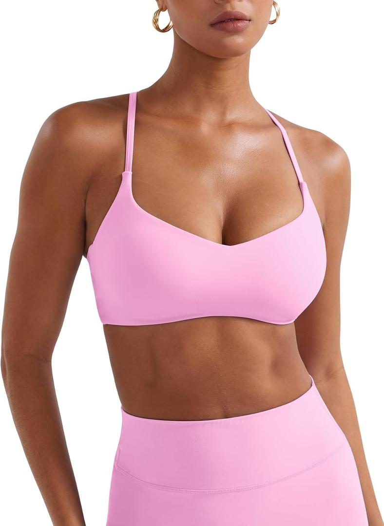 YEOREO Y Back Sports Bras for Women Padded Racerback Bra Paisely Light Impact Adjustable Straps Gym Workout Tops (Large, Bubblegum Pink)