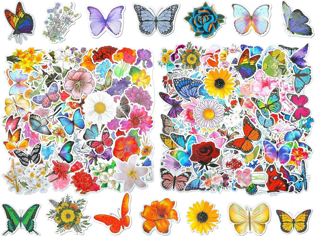 200 Pieces Mixed Butterfly Flower Stickers for Water Bottles Vinyl Waterproof Laptop Stickers Cute Decals Flower Gifts for Travel Luggage Skateboard Guitar Adults, 4 Styles