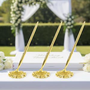 Gold Pen with Stand for Wedding: 3 PCS Golden Plated Ballpoint Pen with Ornate Base for Bride and Groom - Signing for Luxury Wedding Guest Book & Certificate
