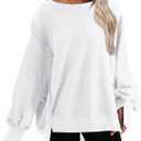 Bornpom Oversized Sweatshirt Crewneck Sweatshirts Long Sleeve Shirts Slit Pullover Top Solid Color Preppy Clothes (White, M)