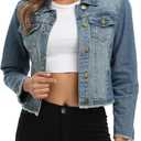 MISS MOLY Jean Jacket Women’s Frayed Washed Button Up Cropped Denim Jacket w 2 Side Pockets