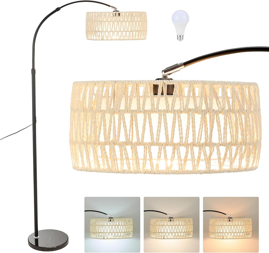 Arc Floor Lamp for Living Room,Stylish Rattan Boho Floor Lamp with 3 Color Temperature Dimmable LED Bulb,Farmhouse Tall Lamp,Arched Standing Lamp for Office Bedroom Living Room Corner (Beige)