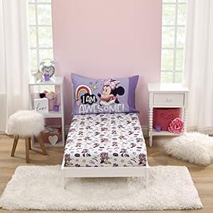 Disney Minnie Mouse I am Awesome Lavender, Pink, and White with BFF Daisy Duck, Rainbow Hearts and Stars 2 Piece Toddler Sheet Set - Fitted Bottom Sheet and Reversible Pillowcase