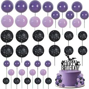 BEISHIDA 42 Pcs Cake Topper with Mini Balls, Halloween Cake Toppers, Cake Decorations for Halloween Birthday Party, Wednesday Theme Party Decor (Black, Purple)