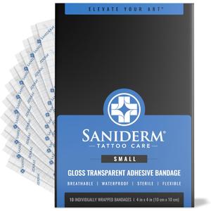 Saniderm Tattoo Aftercare Bandage 10 Sheets (Small Pack, 4 in x 4 in) Convenient, Faster Tattoo Healing and Protection Sterile, Waterproof, and Latex-Free