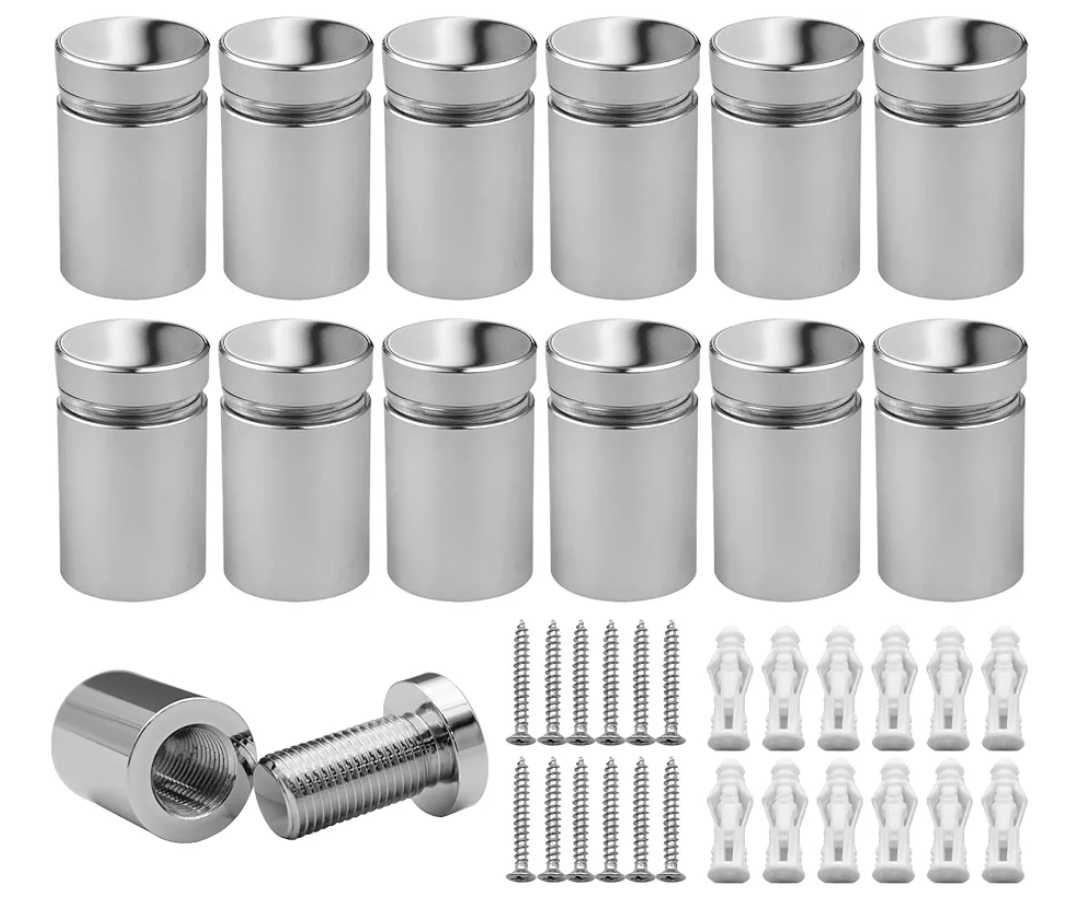 5/8” x 3/4” Inch 12PCS Aluminum Solid Sign Standoff Screws for Acrylic Advertising Screw Wall Fixing standoffs mounts Glass Display Signs (Polished Chrome Color)