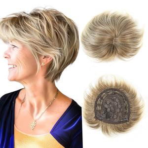 QUEENTAS Blonde Hair Topper for Women with Thinning Hair 6.5"*6"Large Coverage Short Synthetic Pieces with 5 Clips in Wiglets(Ombre Blonde)