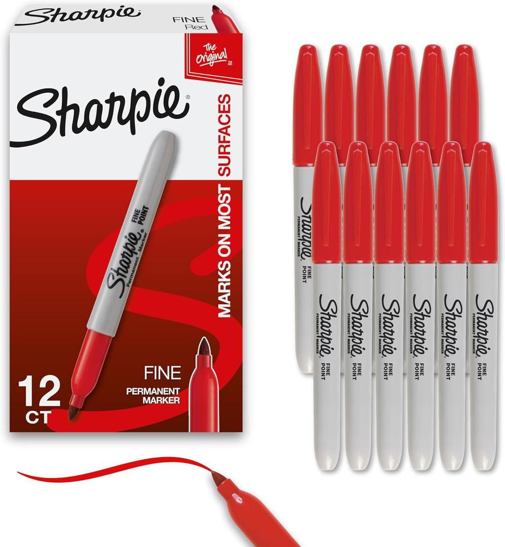 Sharpie Permanent Markers Set Fine Tip Markers Quick Drying And Fade Resistant For Plastic Metal Wood And More Drawing Coloring And Poster Marker Red 12 Count