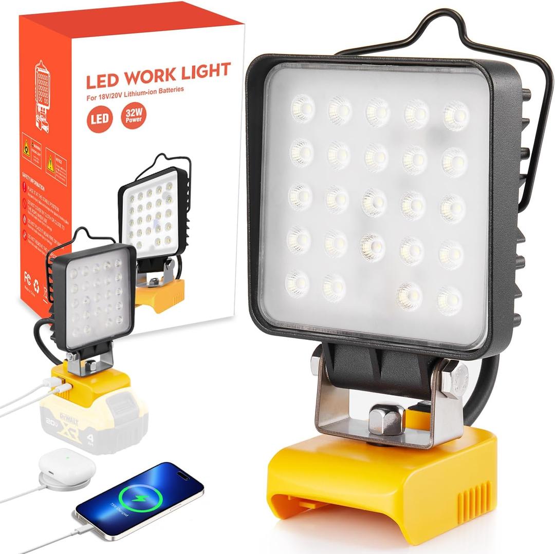 LED Work Light for Dewalt 18v 20v Battery, 32W 3200LM/16W 1600LM Flashlight, Cordless LED Flood Light, Battery Lithium Light with USB&Type-C Charging Port for Camping,Workshop , Outdoors (32W)