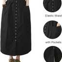 Women's Cotton Linen Midi Skirt Casual Elastic Waist Slit Hem Skirt Loose Vintage A-line Skirt with Pocket (Black, L)